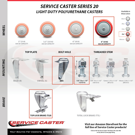 Service Caster 5 Inch Red Polyurethane Swivel ½ Inch Threaded Stem Caster Set with Brake SCC SCC-TS20S514-PPUB-RED-TLB-121315-4